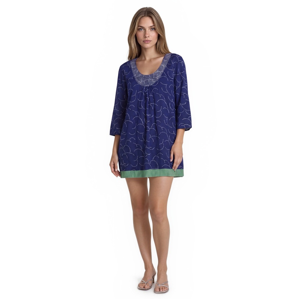 Boden Tunic 100% Cotton Dress Women's Size 14 Blue White Swirl 3/4 Sleeve